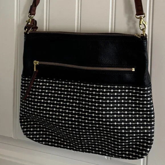 Fossil Black & White Fabric + Leather Crossbody Bag - Picture 1 of 4